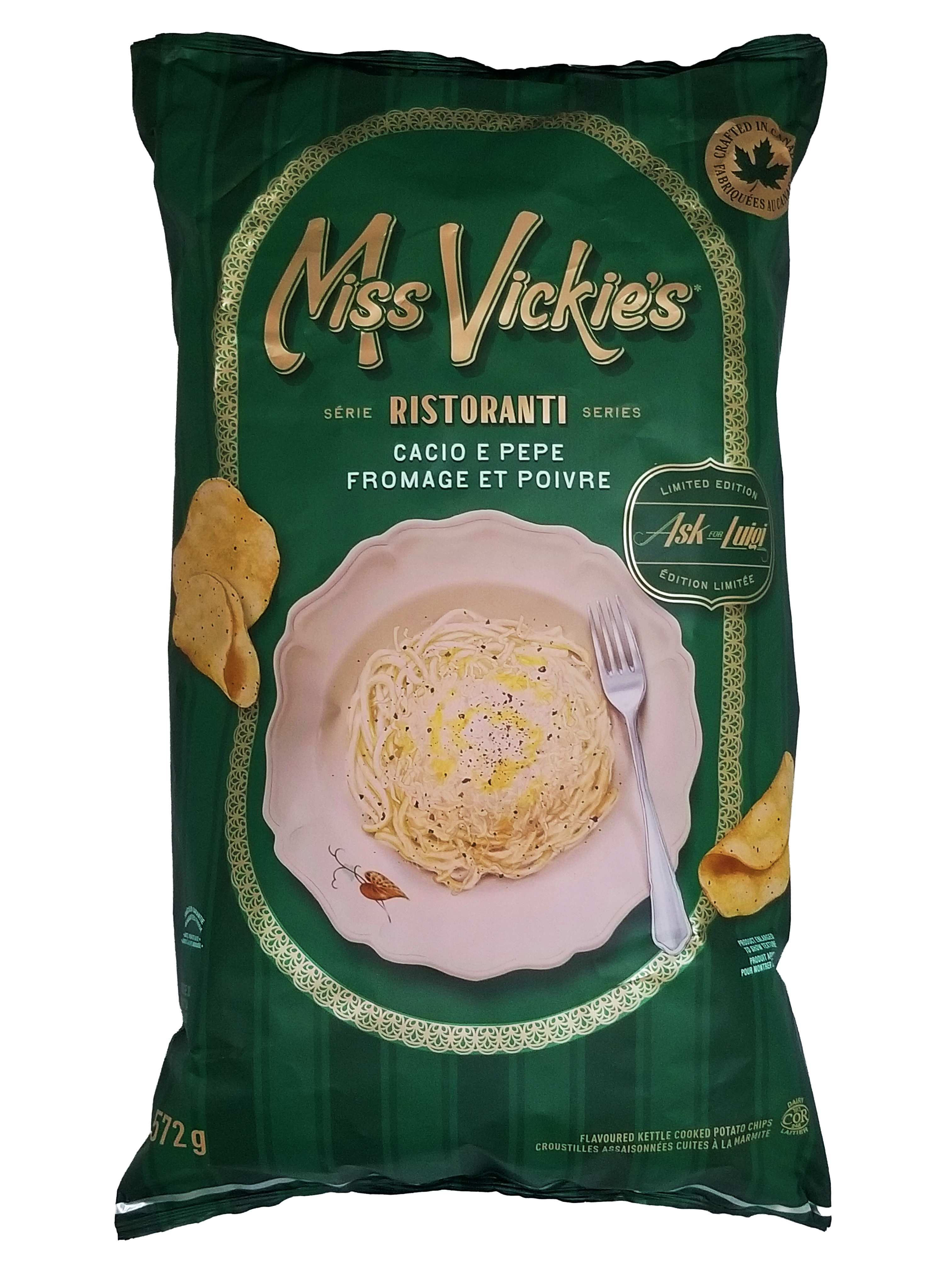 Green bag of Miss Vickie's RISTORANTI Kettle Cooked Cacio E Pepe Potato Chips - 572g/20.1 oz with a plate of pasta and fork on the label