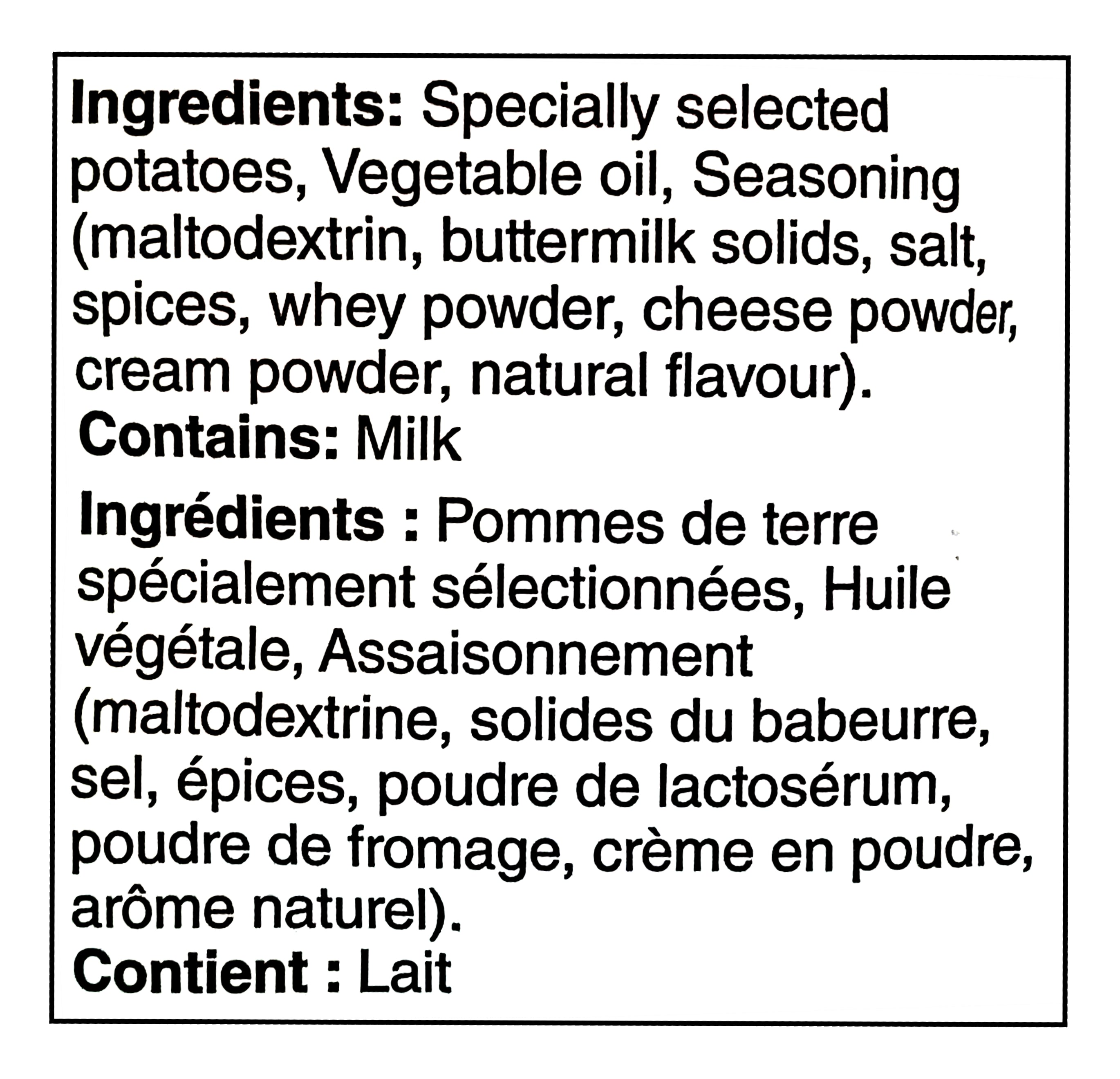 Ingredients list for Miss Vickie's RISTORANTI Kettle Cooked Cacio E Pepe Potato Chips - 572g/20.1 oz on a white background