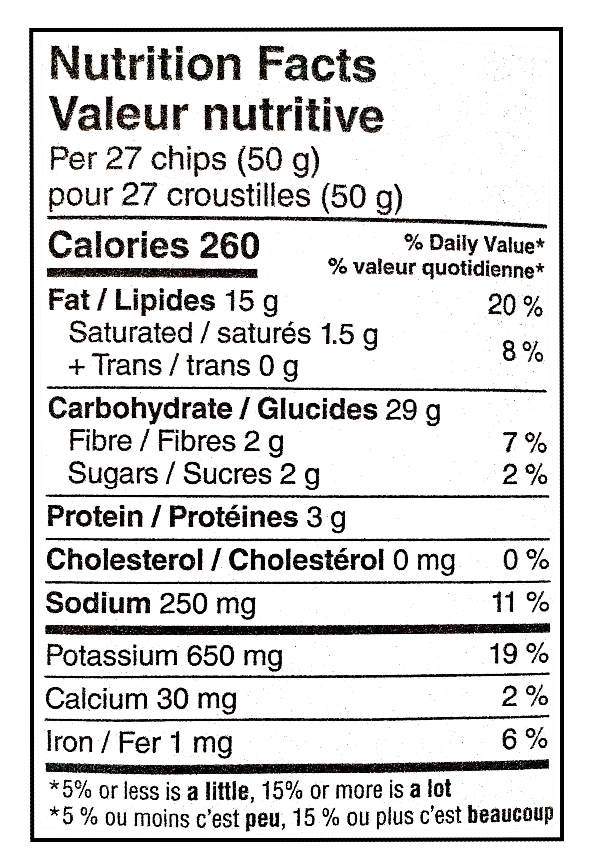 Nutrition facts label for Miss Vickie's RISTORANTI Kettle Cooked Cacio E Pepe Potato Chips - 572g/20.1 oz with detailed calorie and ingredient information.