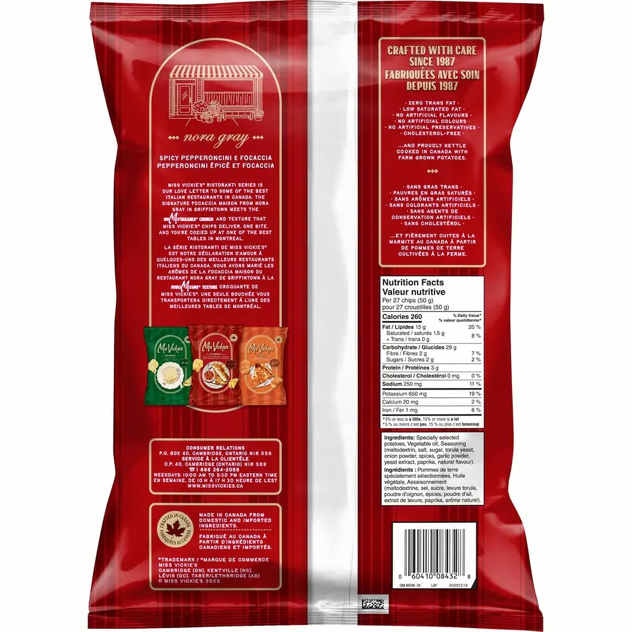 Back view of Miss Vickie's RISTORANTI Kettle Cooked Spicy Pepperoni & Focaccia Potato Chips with text and branding