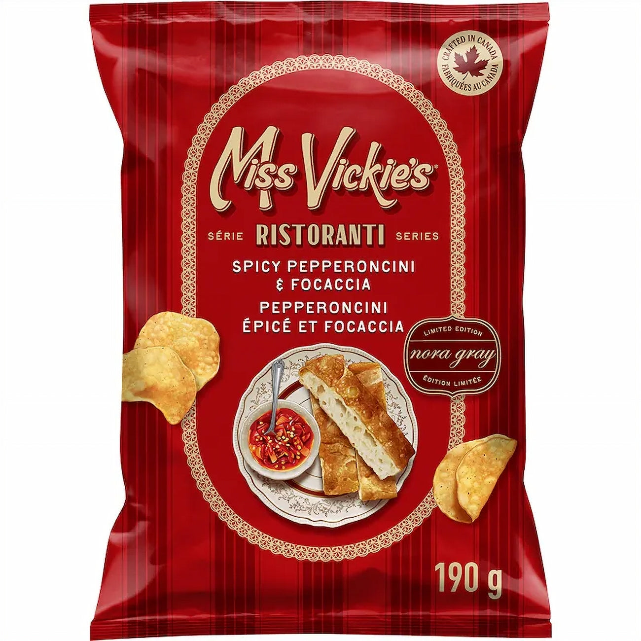 Red packaging of Miss Vickie's Ristoranti series with food images and text.