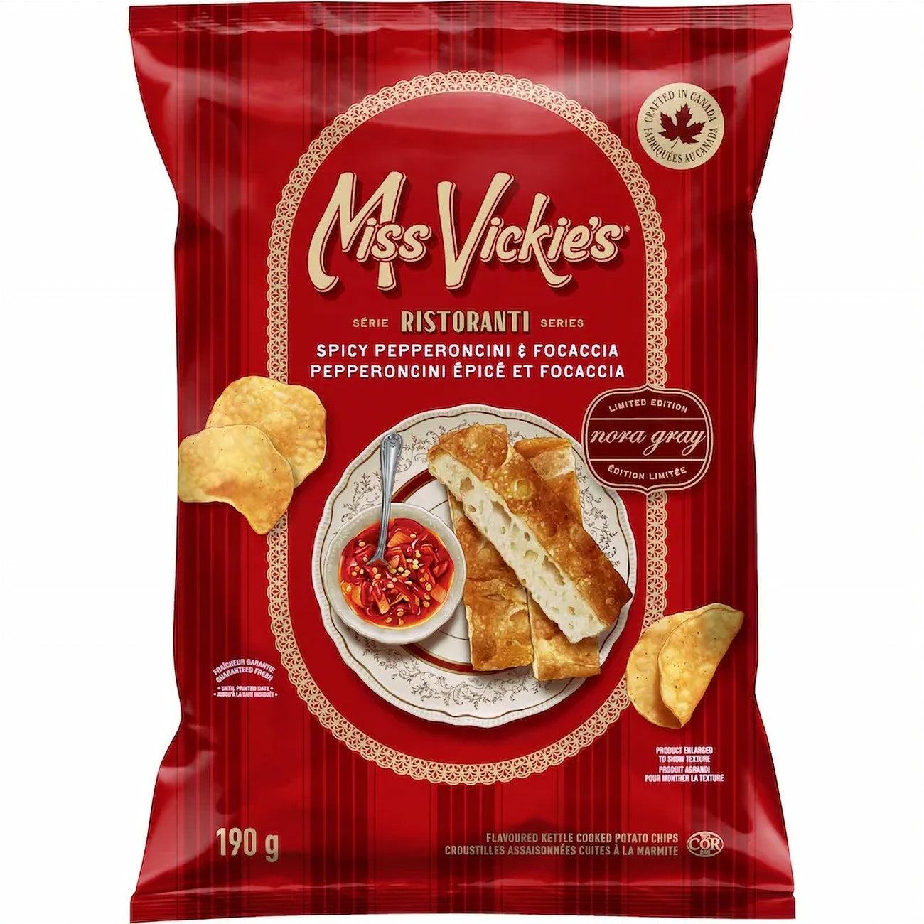 Red package of Miss Vickie's Spicy Pepperoncini & Focaccia chips with food images on a white background