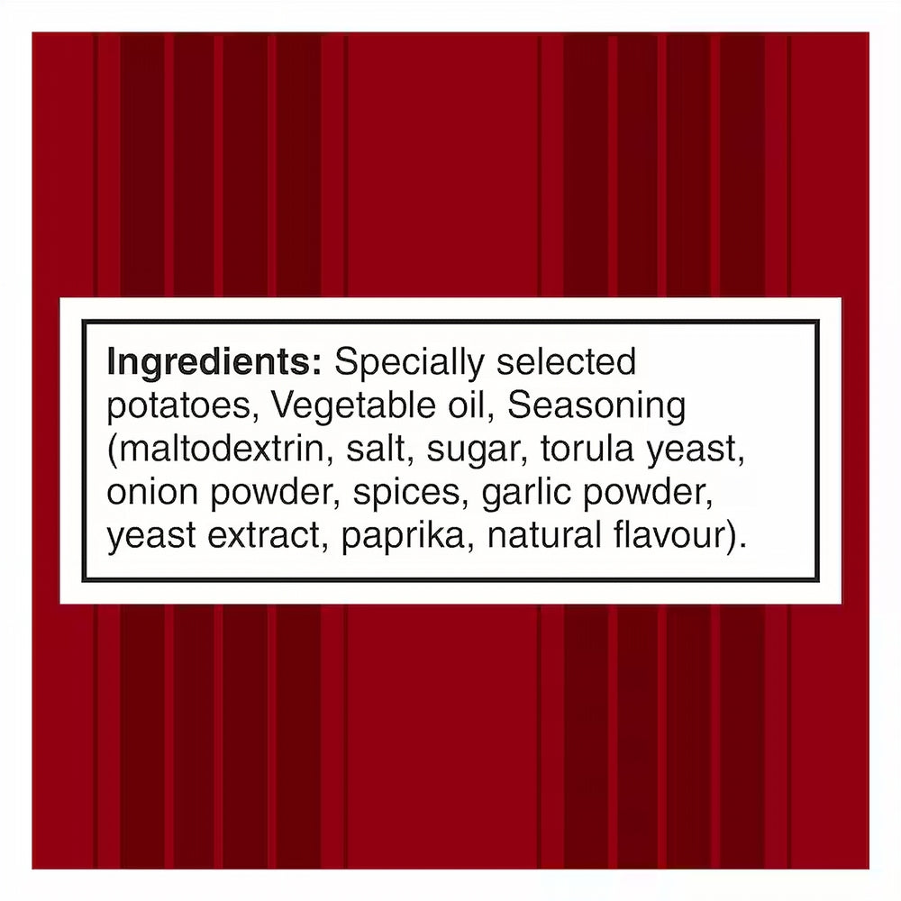 Ingredients list for Miss Vickie's RISTORANTI Kettle Cooked Spicy Pepperoni & Focaccia Potato Chips on a red background with black text