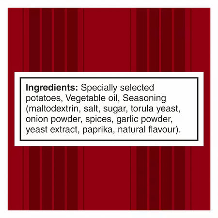 Ingredients list for Miss Vickie's RISTORANTI Kettle Cooked Spicy Pepperoni & Focaccia Potato Chips on a red background with black text