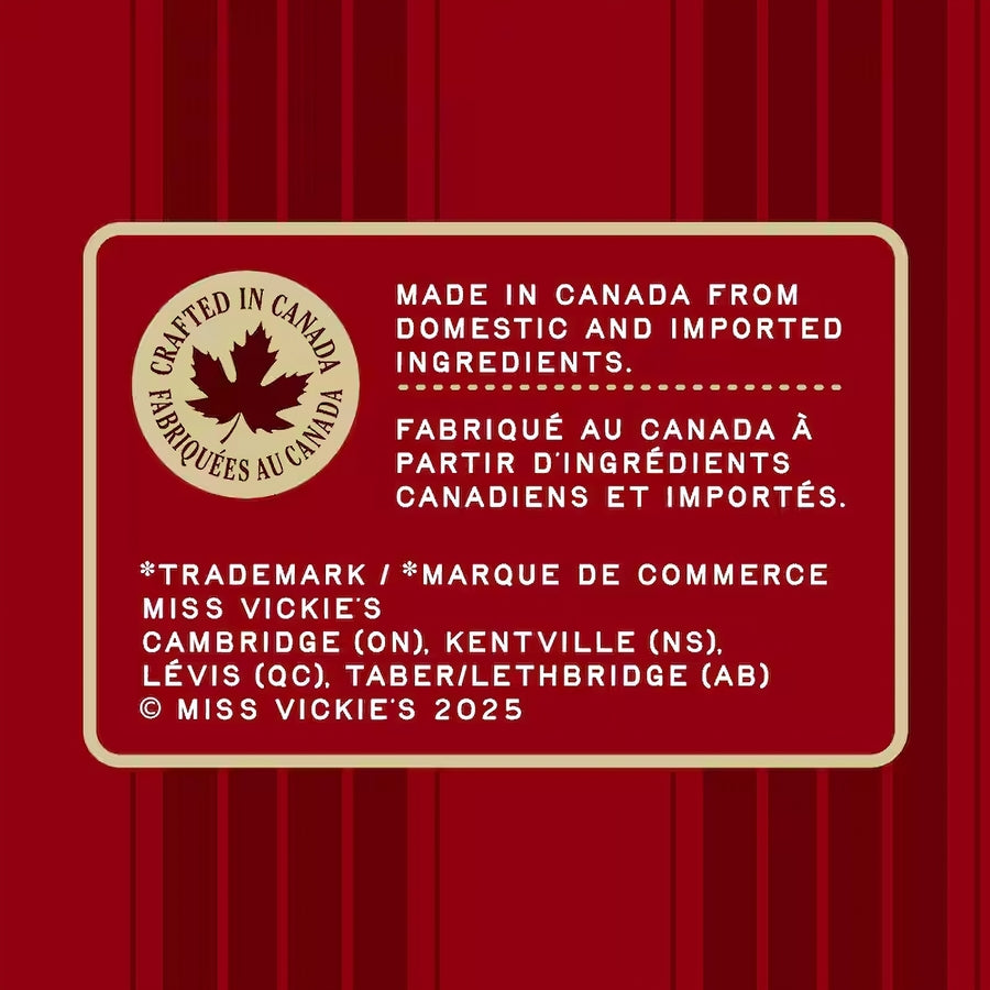 Miss Vickie's RISTORANTI Kettle Cooked Spicy Pepperoni & Focaccia Potato Chips with a maple leaf logo on a red background