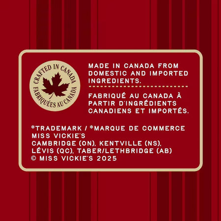 Miss Vickie's RISTORANTI Kettle Cooked Spicy Pepperoni & Focaccia Potato Chips with a maple leaf logo on a red background