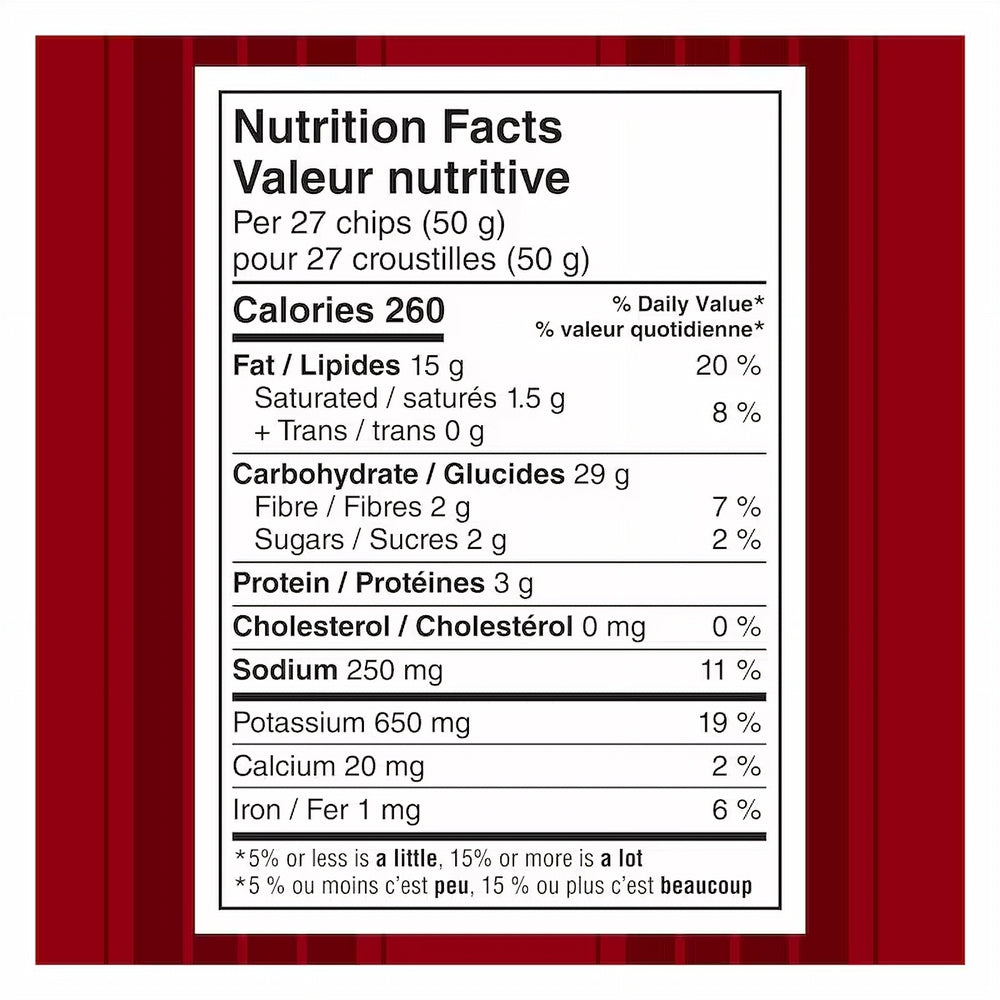 Nutrition facts label for Miss Vickie's RISTORANTI Kettle Cooked Spicy Pepperoni & Focaccia Potato Chips on a red background