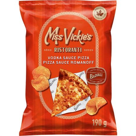 Red packaging of Miss Vickie's Ristoranti with pizza and chips on a white background