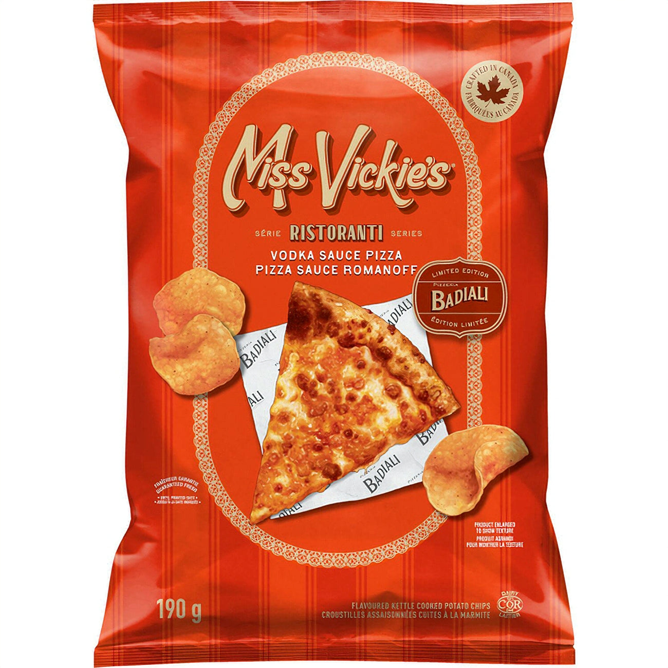 Red packaging of Miss Vickie's Ristorante series with pizza slice and chips illustration.