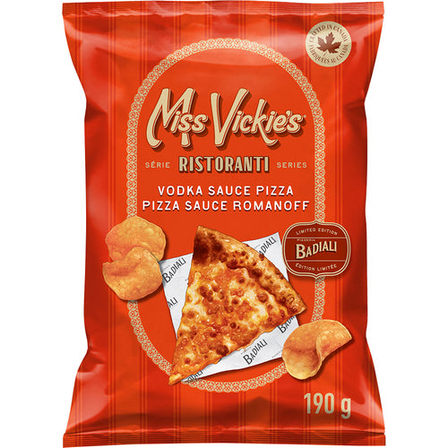 Red packaging of Miss Vickie's Vodka Sauce Pizza flavor with pizza slice and chips illustration.