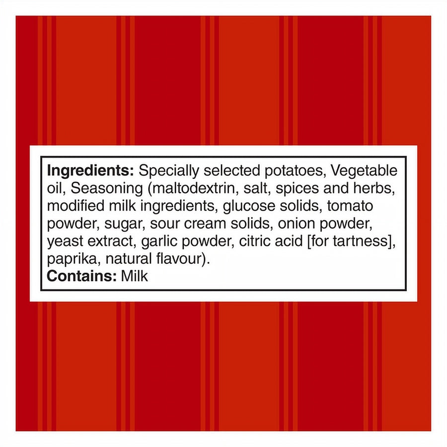 Red striped background with black text displaying ingredients list for Miss Vickie's RISTORANTI Kettle Cooked Vodka Sauce Pizza Potato Chips on a white border