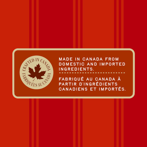 Label with 'Crafted in Canada' text and a maple leaf on a red striped background
