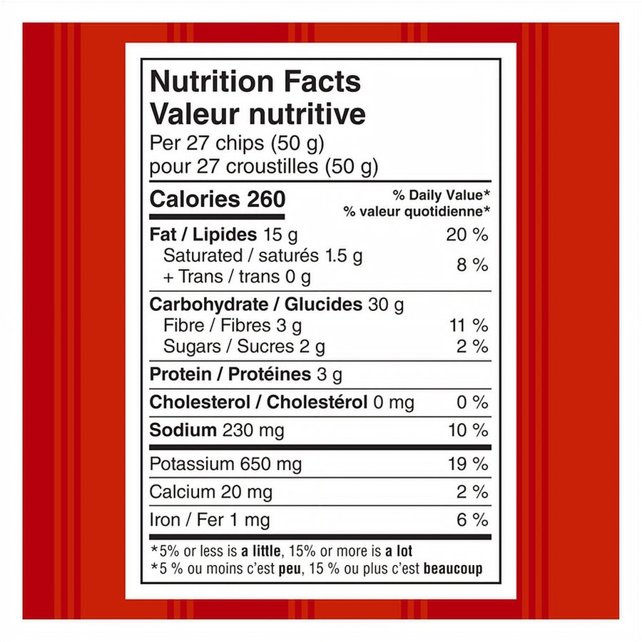 Nutrition facts label for Miss Vickie's RISTORANTI Kettle Cooked Vodka Sauce Pizza Potato Chips on a red background