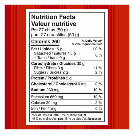 Nutrition facts label for Miss Vickie's RISTORANTI Kettle Cooked Vodka Sauce Pizza Potato Chips on a red background