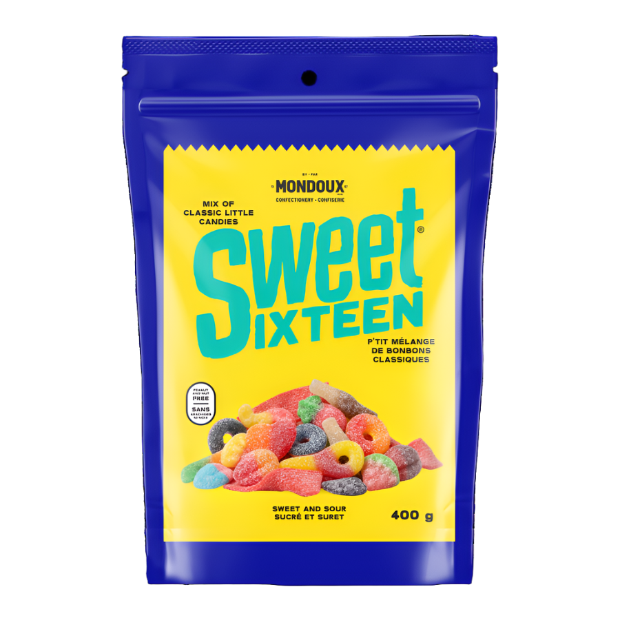 Mondoux Sweet Sixteen, Sweet And Sour Gummies, 400g, front of bag.