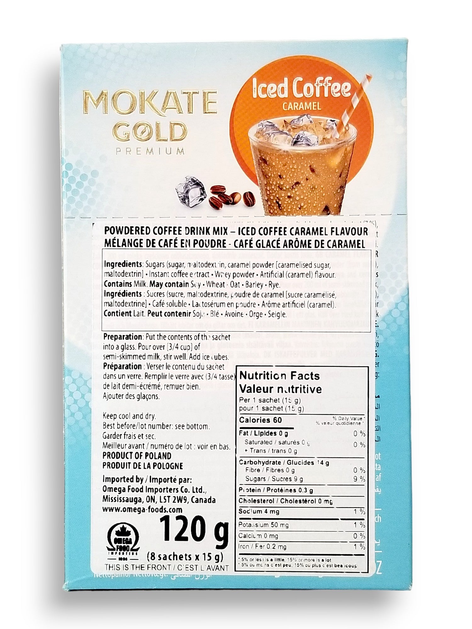 Mokate Gold Premium Iced Coffee, Caramel, 8 x 15g Single Serve Sachets, 120g/4.2 oz. Box