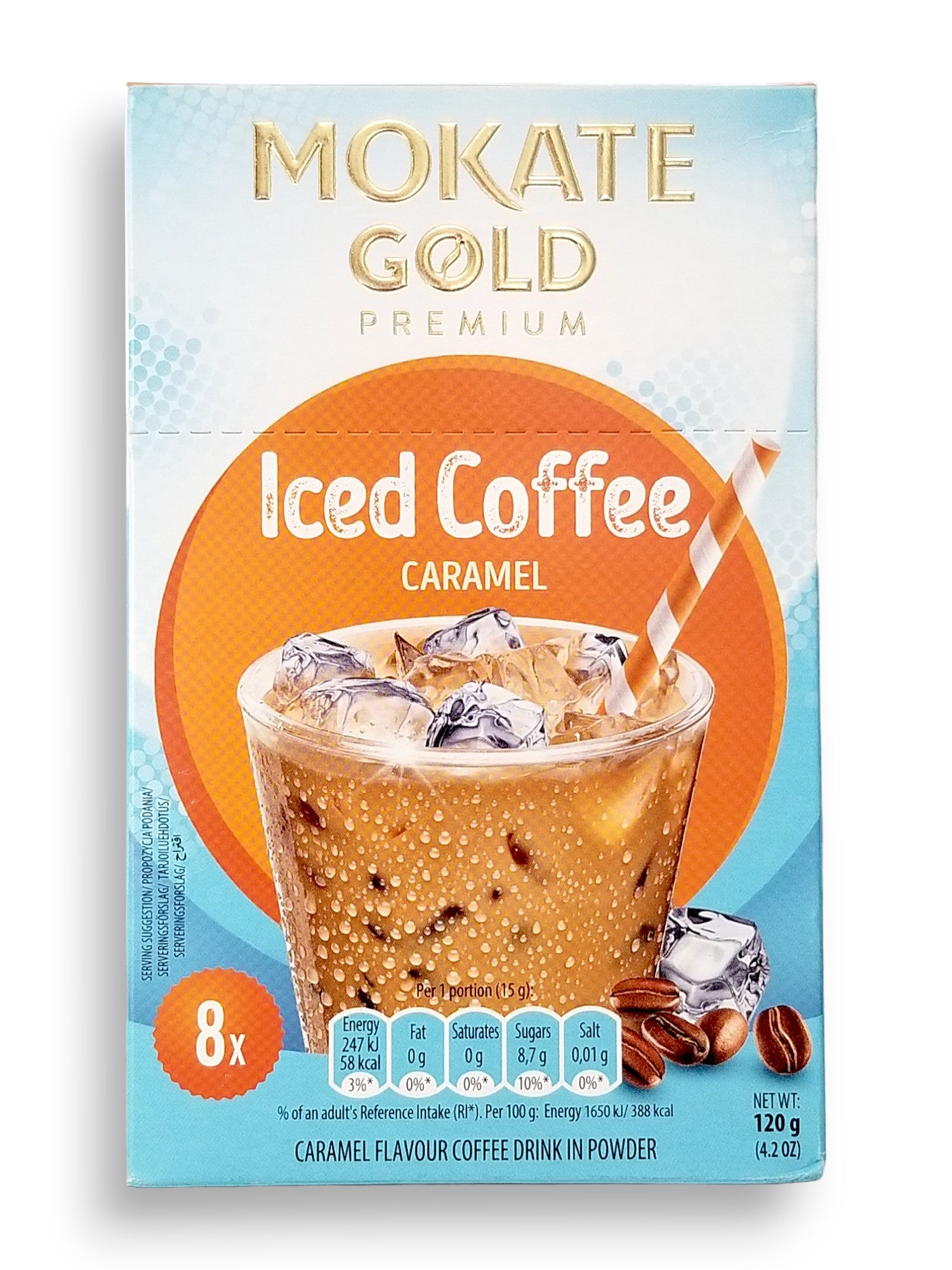 Mokate Gold Premium Iced Coffee, Caramel, 8 x 15g Single Serve Sachets, 120g/4.2 oz. Box