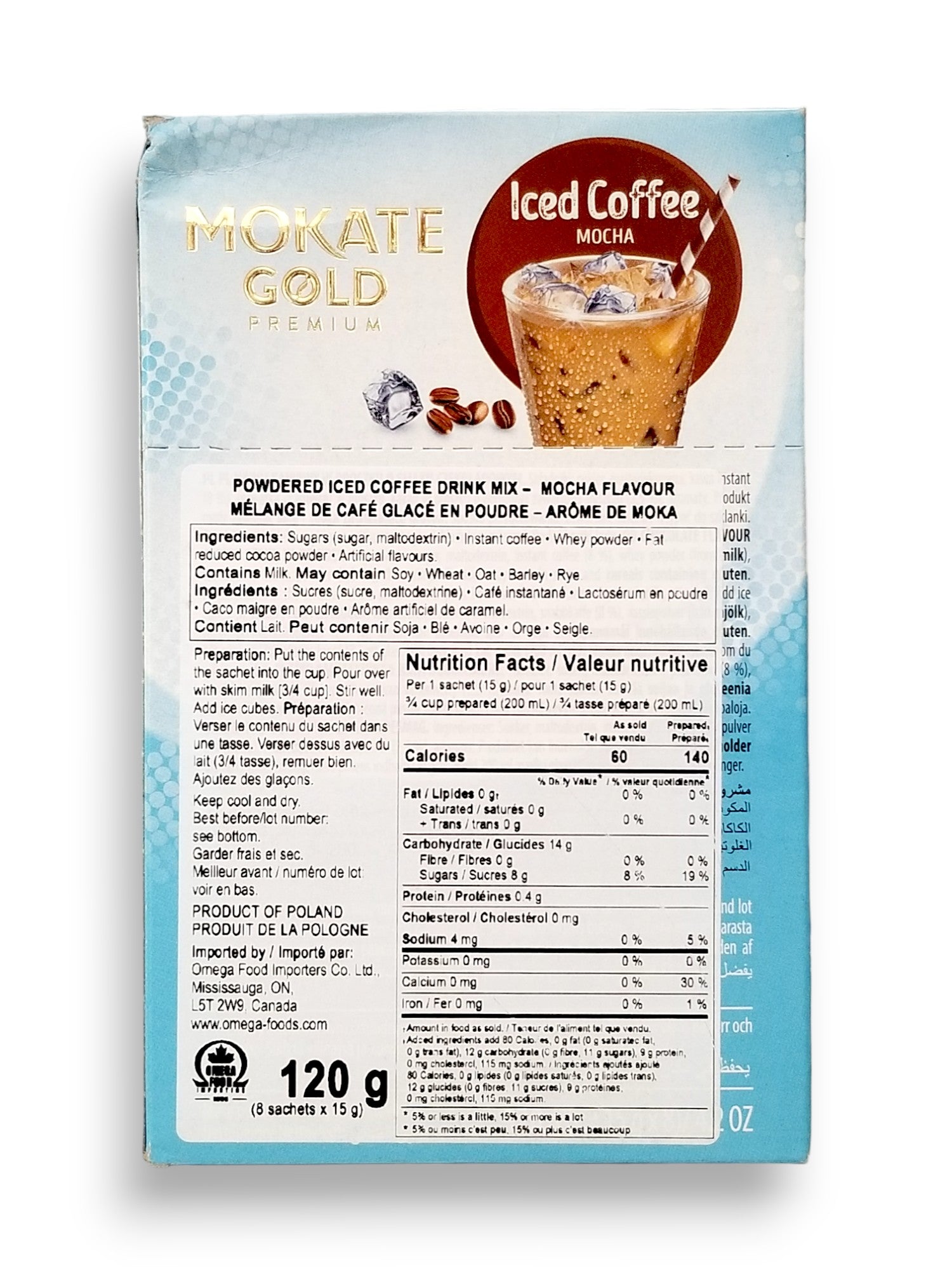 Mokate Gold Premium Iced Coffee, Mocha, 8 x 15g Single Serve Sachets, 120g/4.2 oz., back of box.