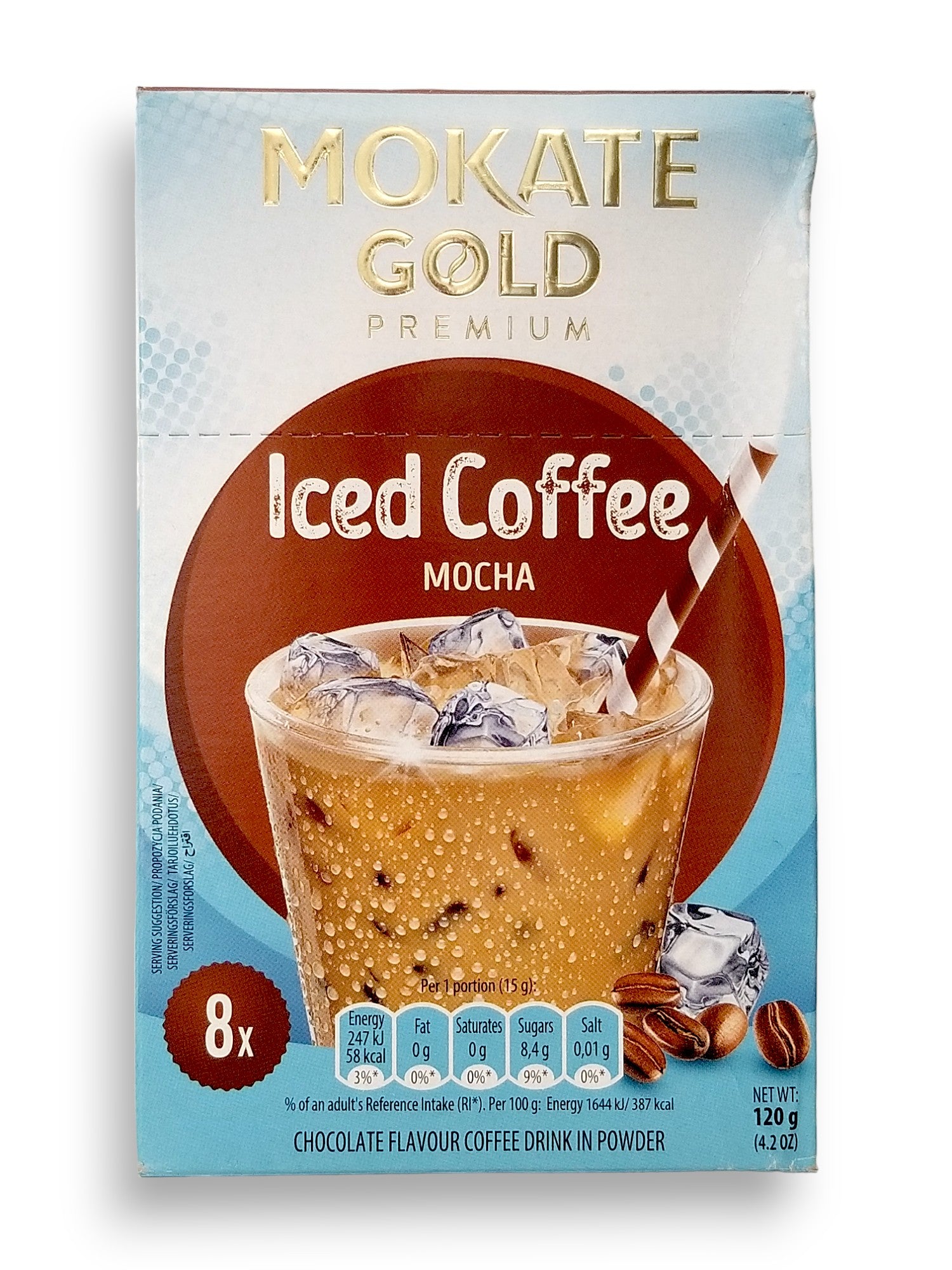 Mokate Gold Premium Iced Coffee, Mocha, 8 x 15g Single Serve Sachets, 120g/4.2 oz., front of box.