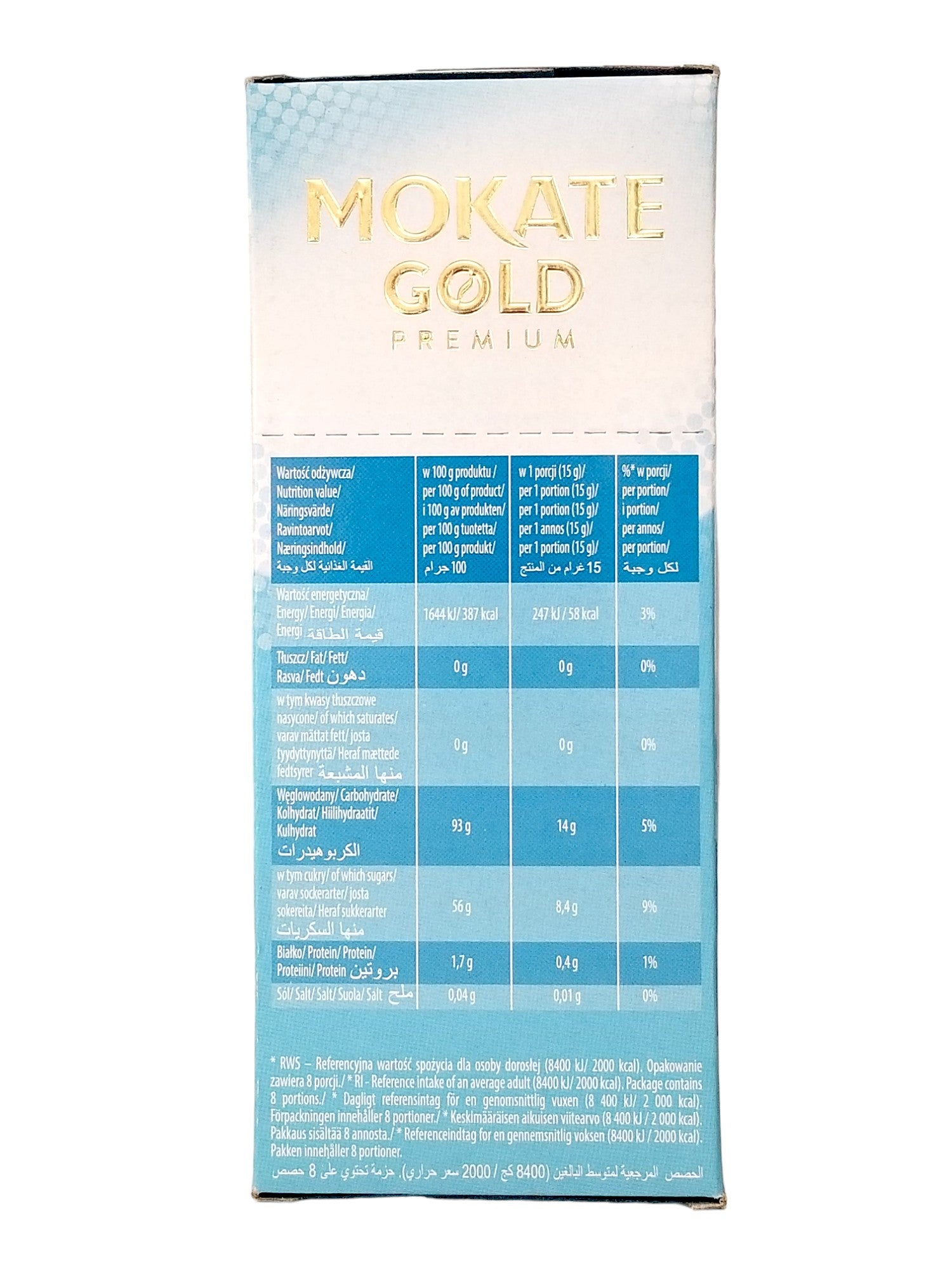Mokate Gold Premium Iced Coffee, Mocha, 8 x 15g Single Serve Sachets, 120g/4.2 oz., side of box.