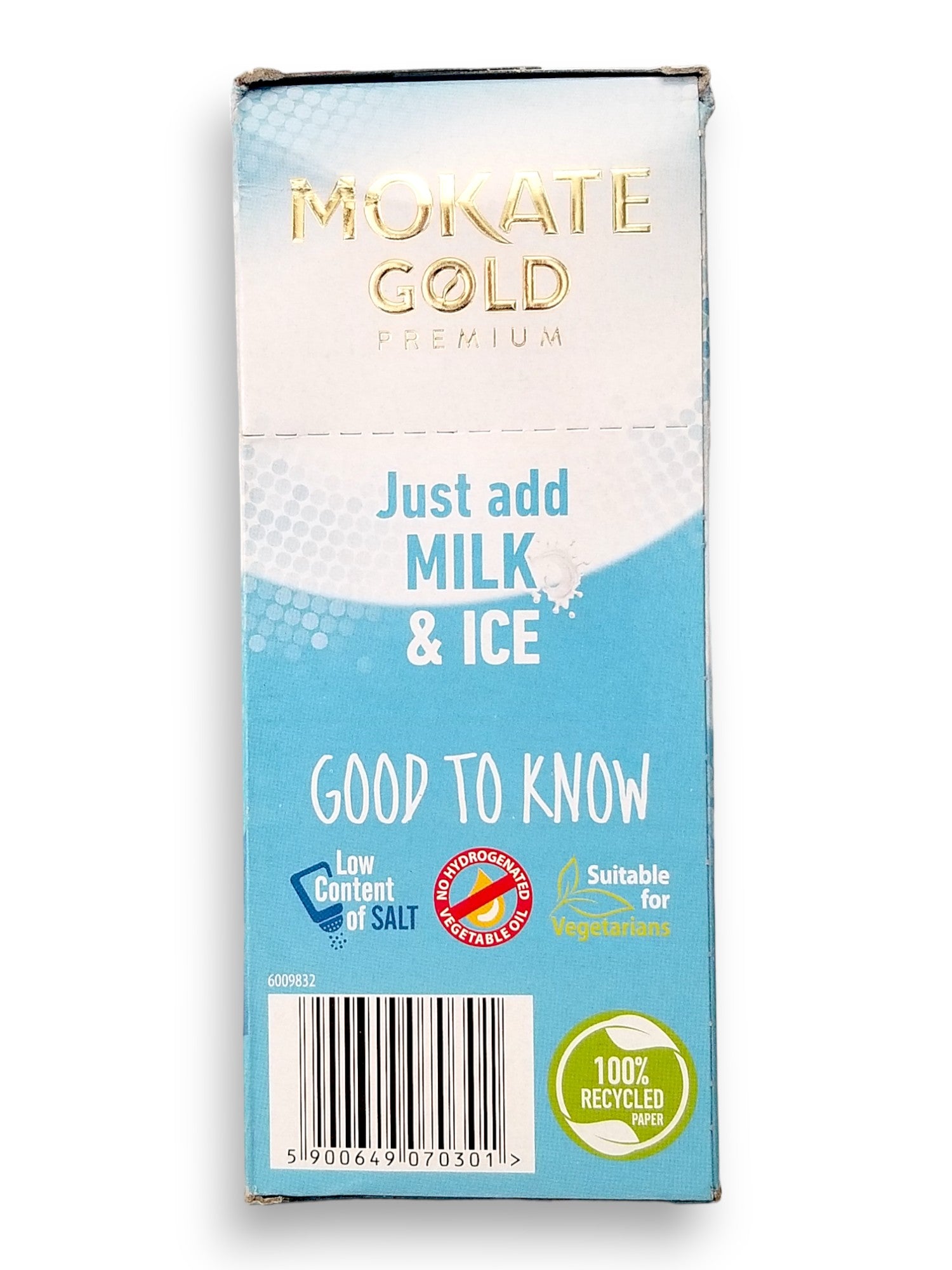 Mokate Gold Premium Iced Coffee, Mocha, 8 x 15g Single Serve Sachets, 120g/4.2 oz., side of box.