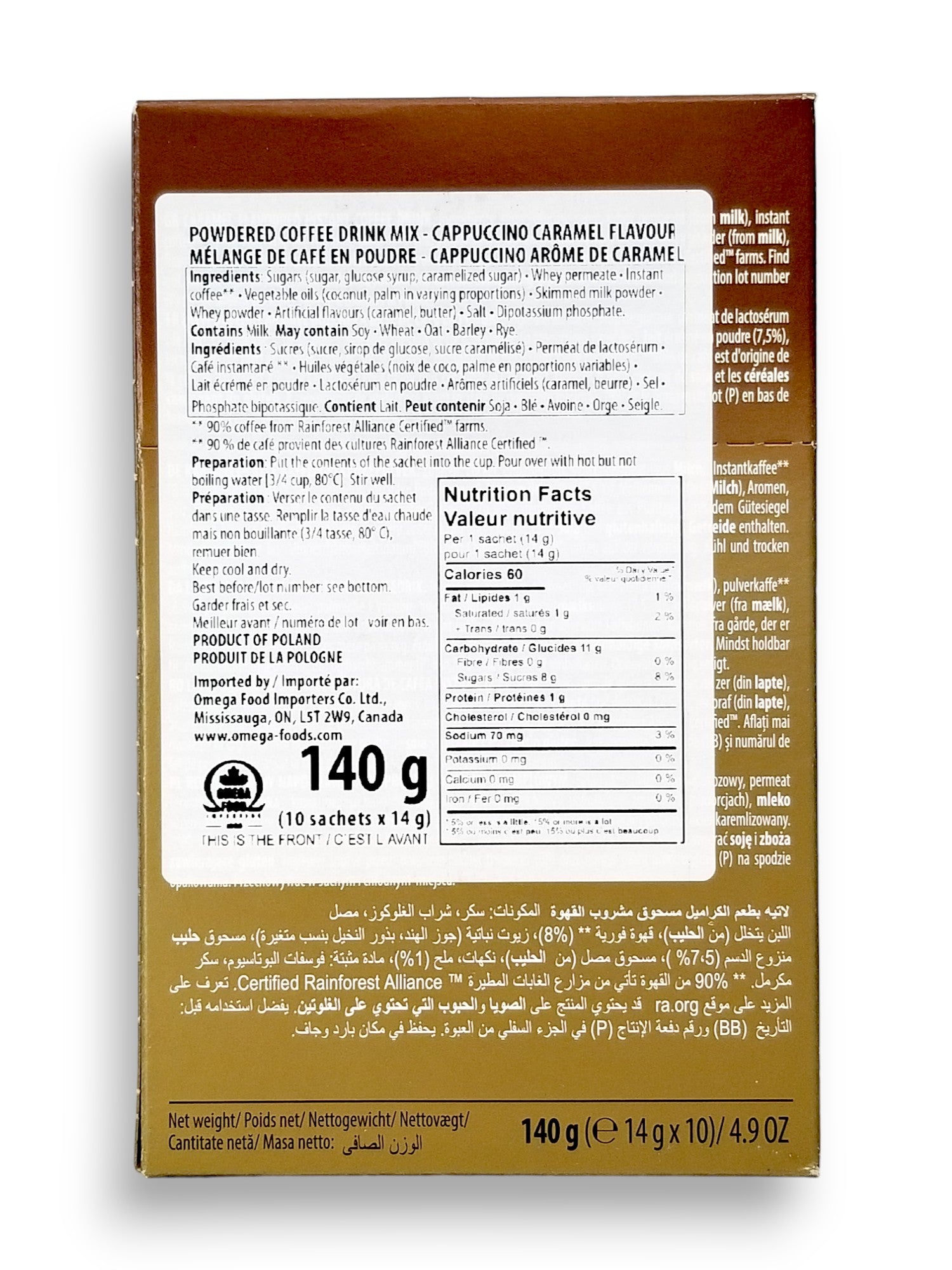 Mokate Gold Premium Latte, Caramel Flavor, 10 x 14g Single Serve Sachets, 140g/4.9 oz., back of box.