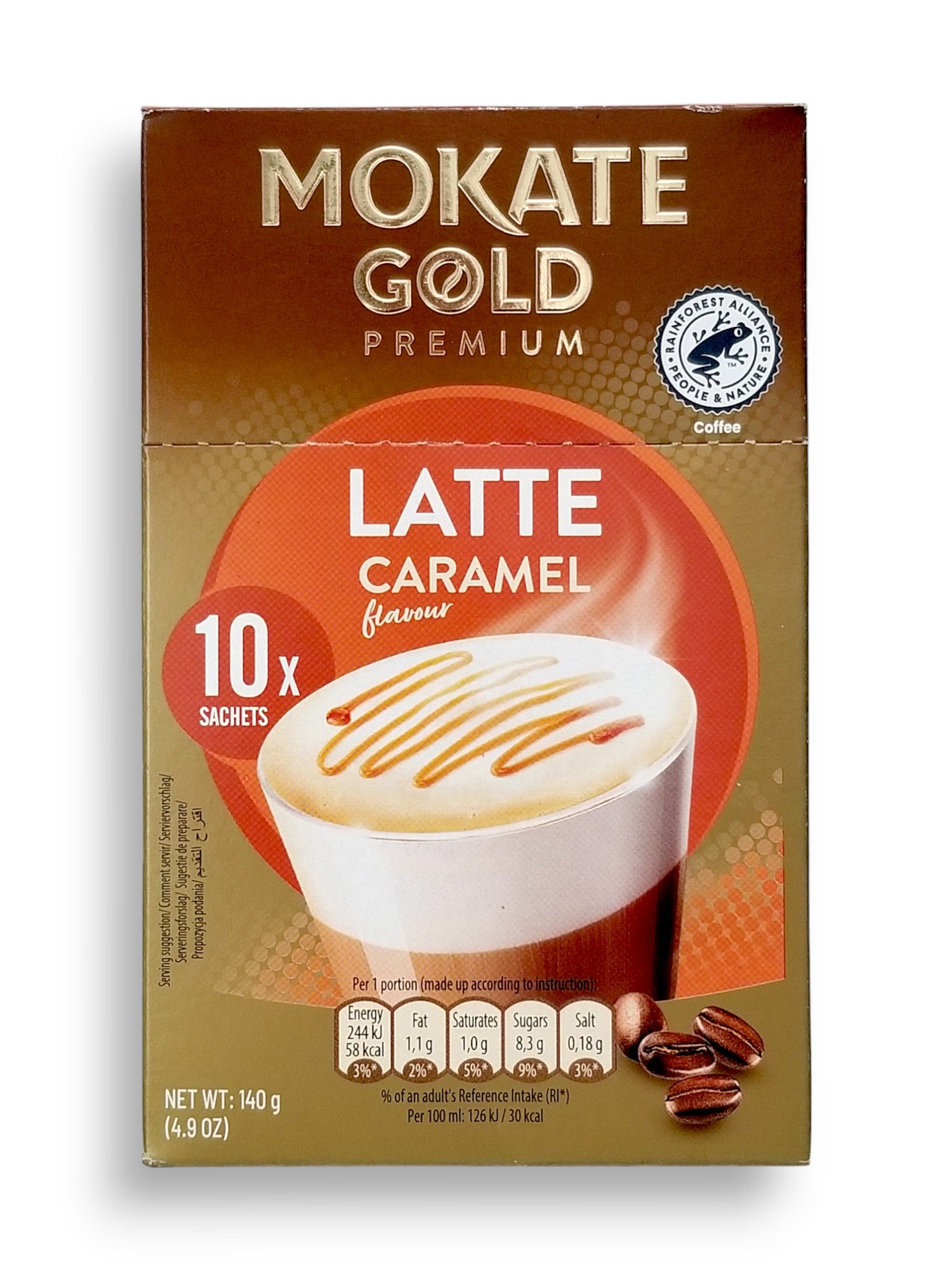 Mokate Gold Premium Latte, Caramel Flavor, 10 x 14g Single Serve Sachets, 140g/4.9 oz., front of box.
