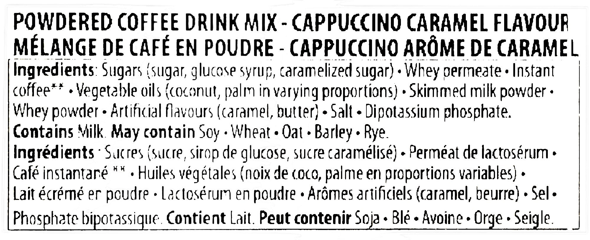 Mokate Gold Premium Latte, Caramel Flavor, 10 x 14g Single Serve Sachets, 140g/4.9 oz., ingredients label.