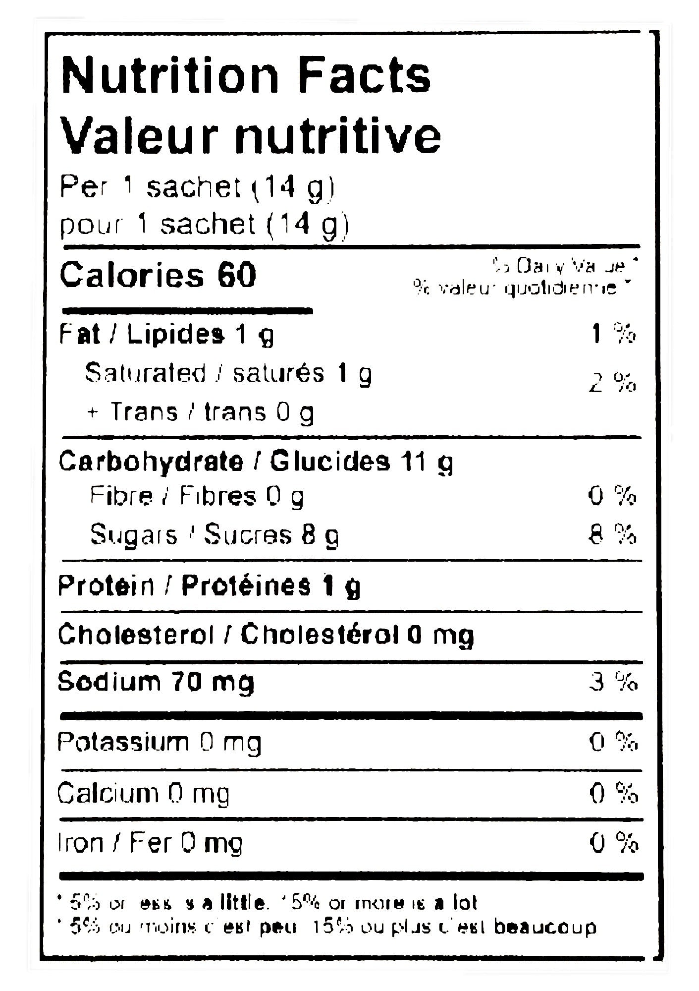 Mokate Gold Premium Latte, Caramel Flavor, 10 x 14g Single Serve Sachets, 140g/4.9 oz., nutrition facts label.