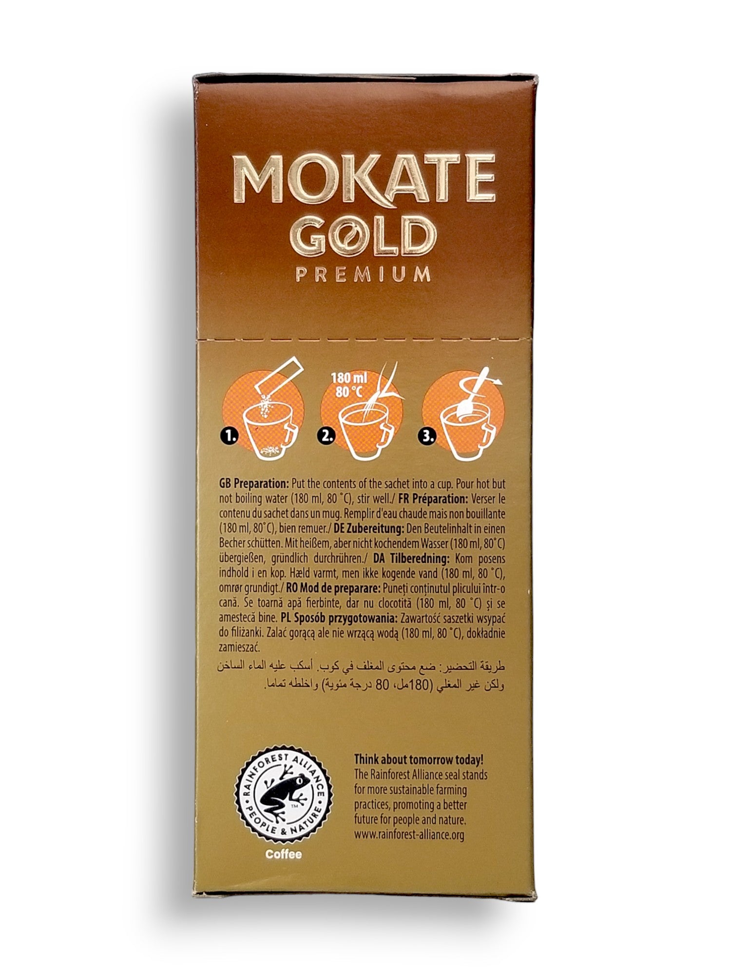 Mokate Gold Premium Latte, Caramel Flavor, 10 x 14g Single Serve Sachets, 140g/4.9 oz., side of box.