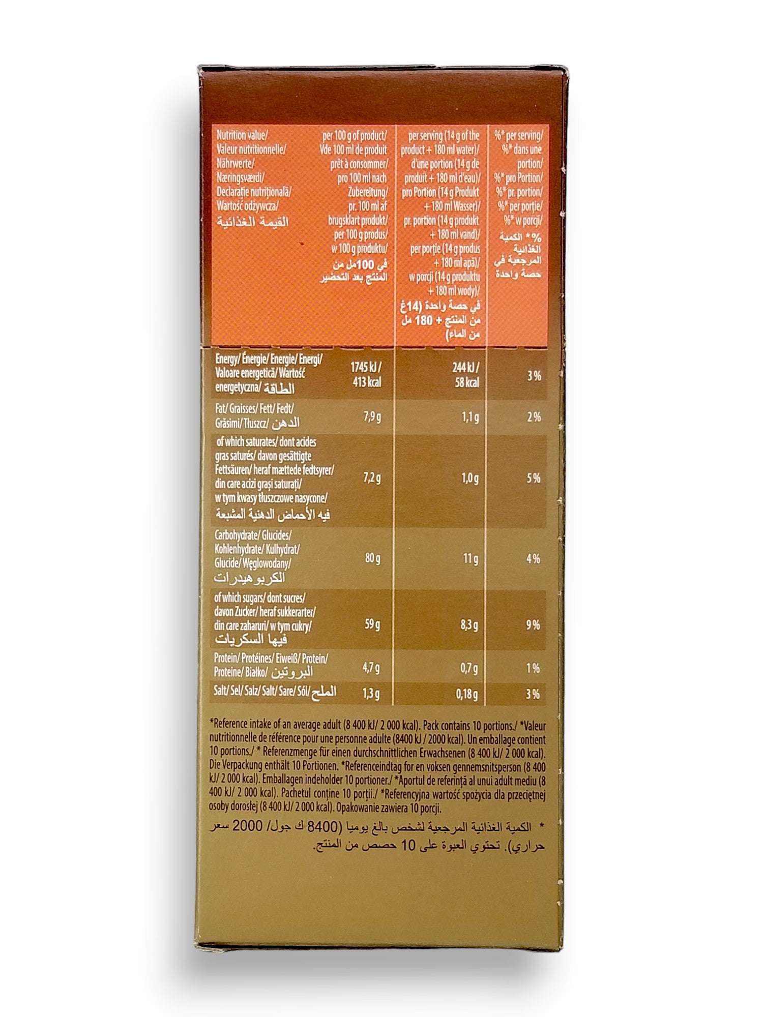 Mokate Gold Premium Latte, Caramel Flavor, 10 x 14g Single Serve Sachets, 140g/4.9 oz., side of box.