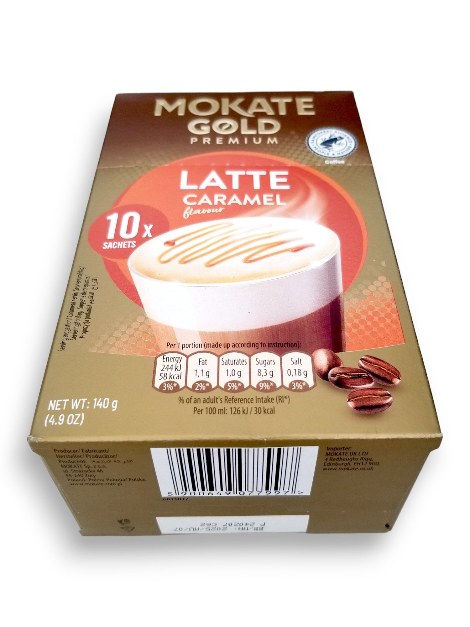 Mokate Gold Premium Latte, Caramel Flavor, 10 x 14g Single Serve Sachets, 140g/4.9 oz., bottom of box with upc.