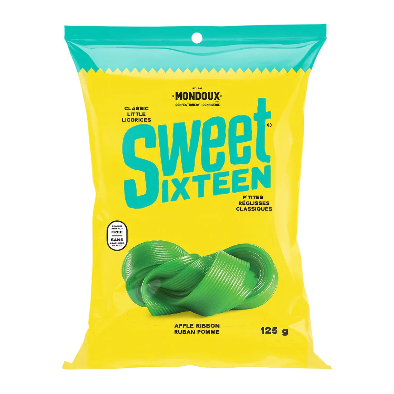 Mondoux Sweet Sixteen Ribbon Gummy, Apple Flavored, 125g/4.3 oz., front of bag.