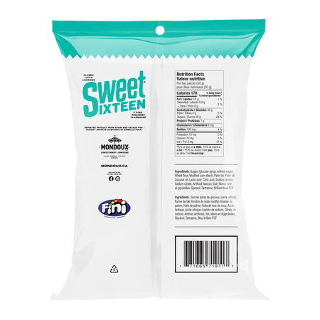 Mondoux Sweet Sixteen Ribbon Gummy, Apple Flavored, 125g/4.3 oz., back of bag.