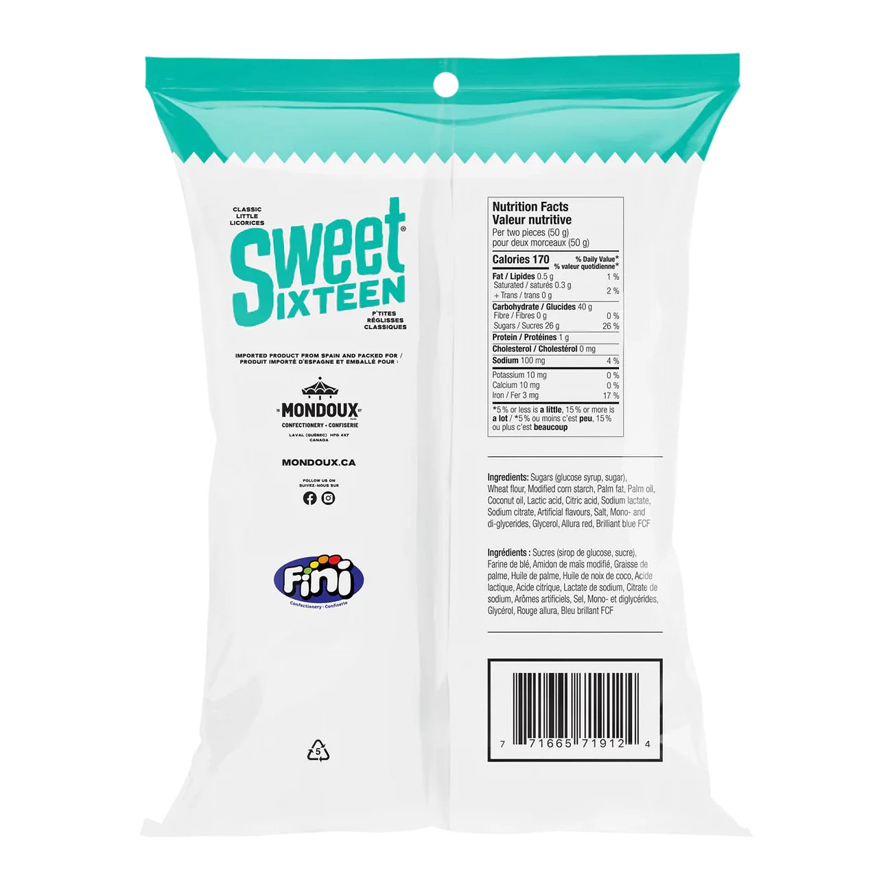 Mondoux Sweet Sixteen Ribbon Gummy, Grape Flavored, 125g/4.3 oz., back of bag.