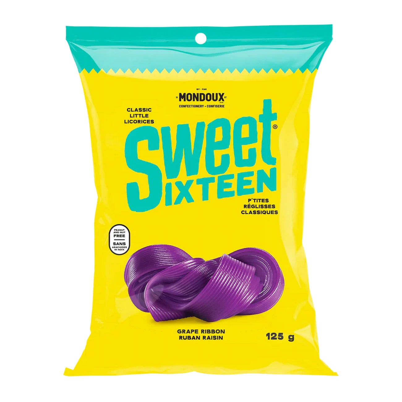 Mondoux Sweet Sixteen Ribbon Gummy, Grape Flavored, 125g/4.3 oz., front of bag.