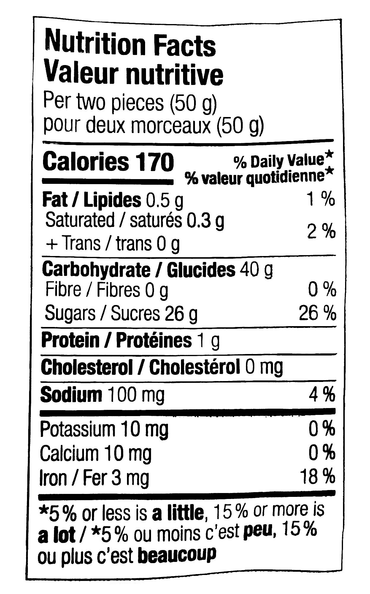Mondoux Sweet Sixteen Ribbon Gummy, Grape Flavored, 125g/4.3 oz., nutrition facts label.