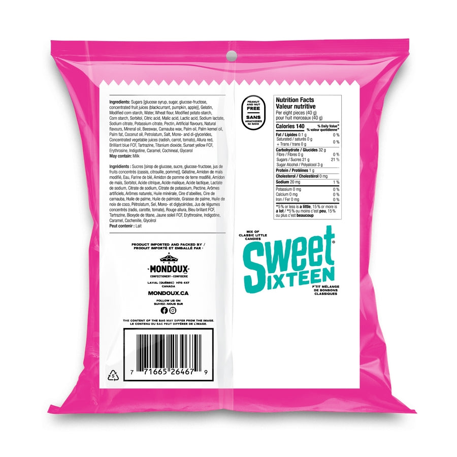 Mondoux Sweet Sixteen Jujube and Gummy Mix, 185g/6.5 oz. Bag Back Side