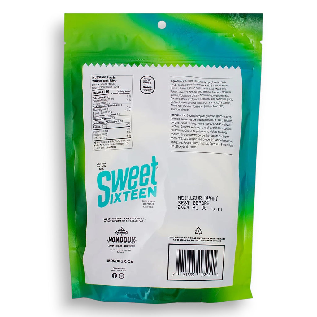 Mondoux Sweet Sixteen Tropical Mix Gummy Candies, 400g/14.1 oz., Bag, back of bag.