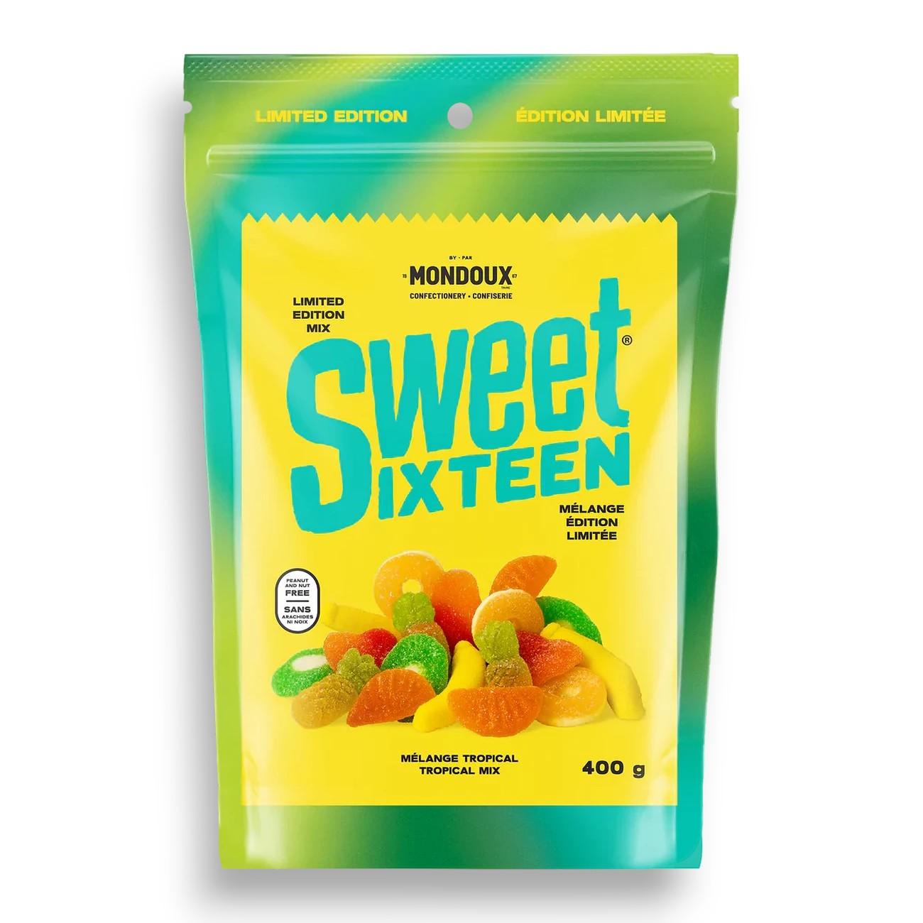 Mondoux Sweet Sixteen Tropical Mix Gummy Candies, 400g/14.1 oz., Bag, front of bag.