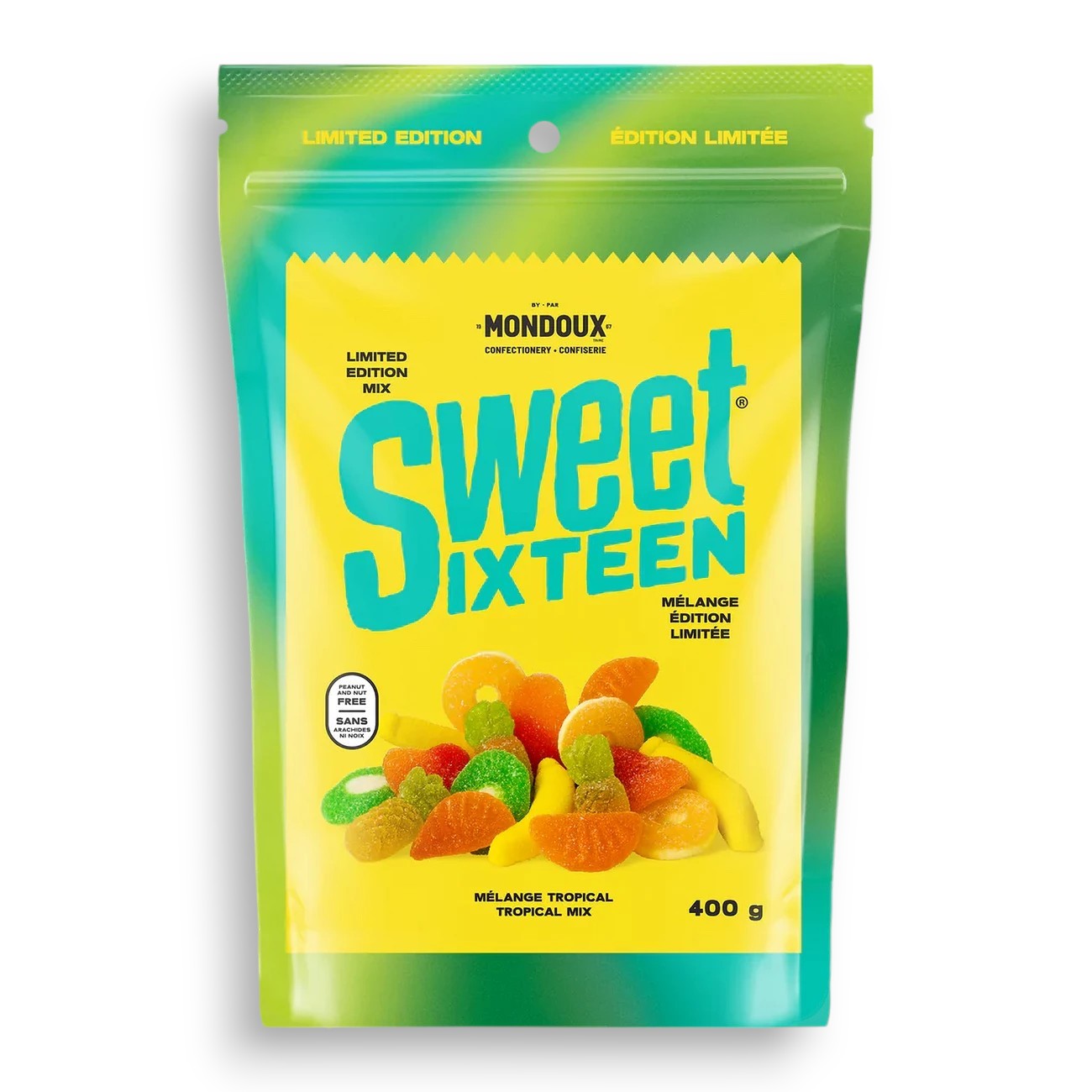 Mondoux Sweet Sixteen Tropical Mix Gummy Candies, 400g/14.1 oz., Bag, front of bag.
