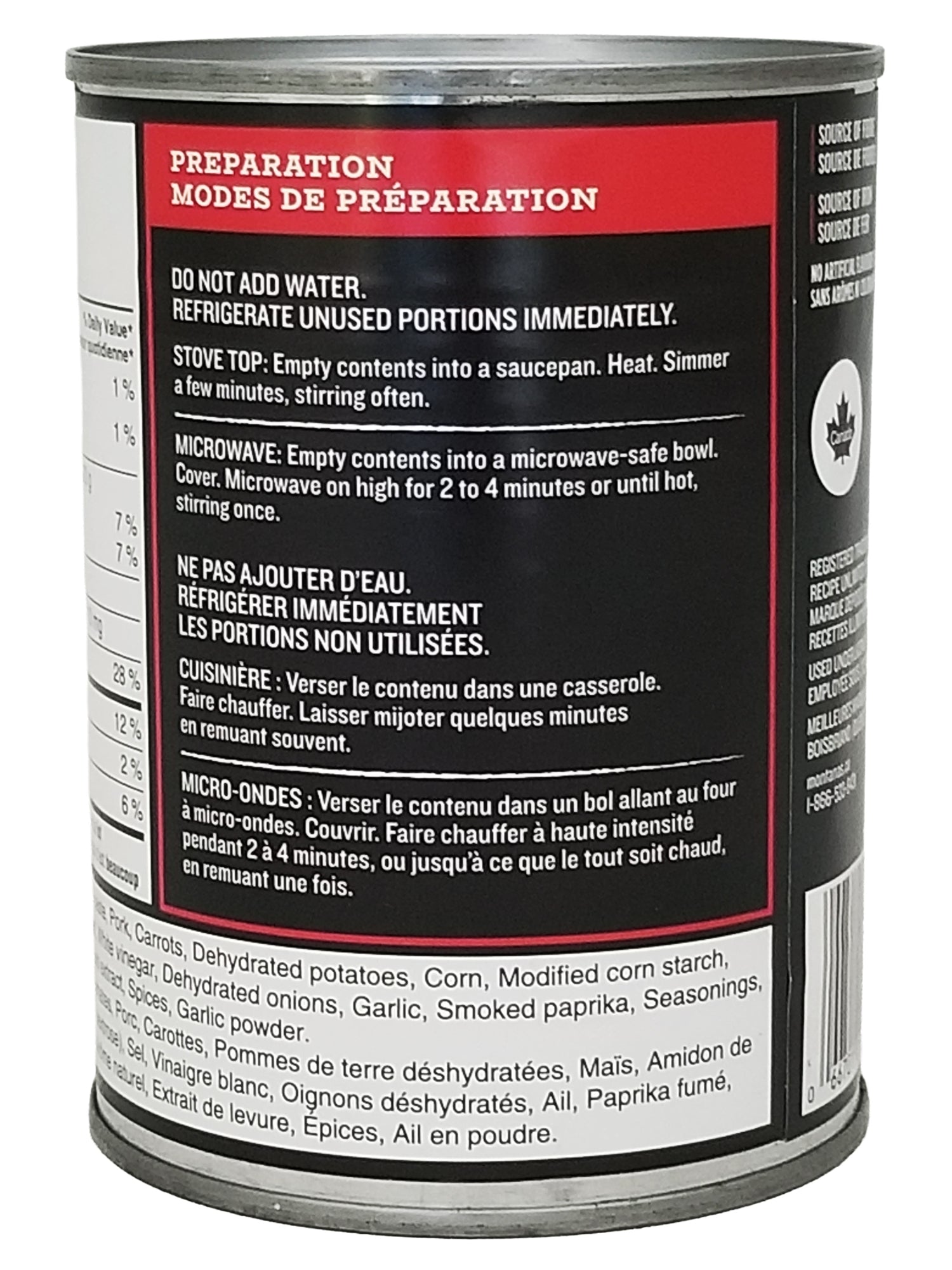 Back of a Montana's BBQ & BAR Ribs Style Soup, Ready-To-Serve - 540mL can with preparation instructions and ingredients list.