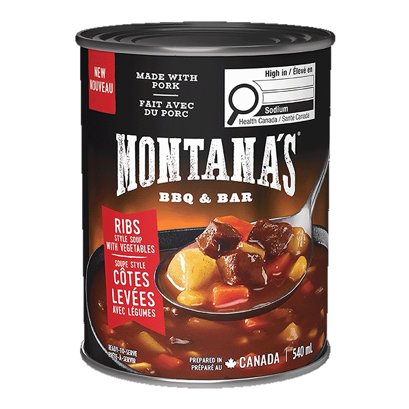 Can of Montana's BBQ & Bar ribs soup with a black label and red accents.