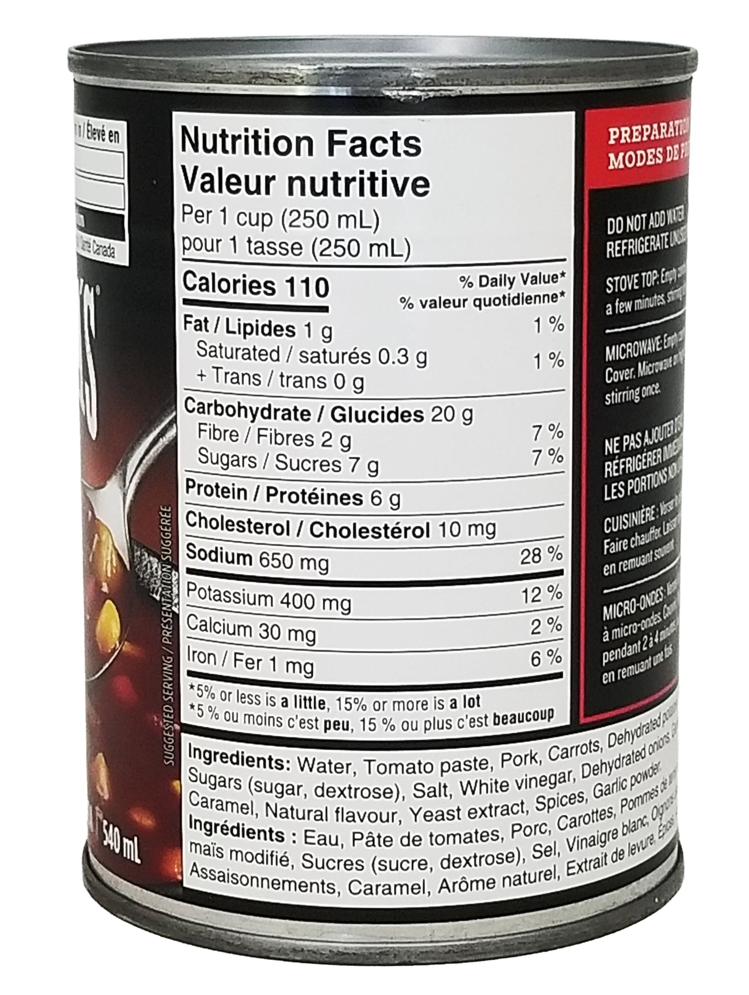 Can of Montana's BBQ & BAR Ribs Style Soup, Ready-To-Serve - 540mL with nutrition facts label on a white background