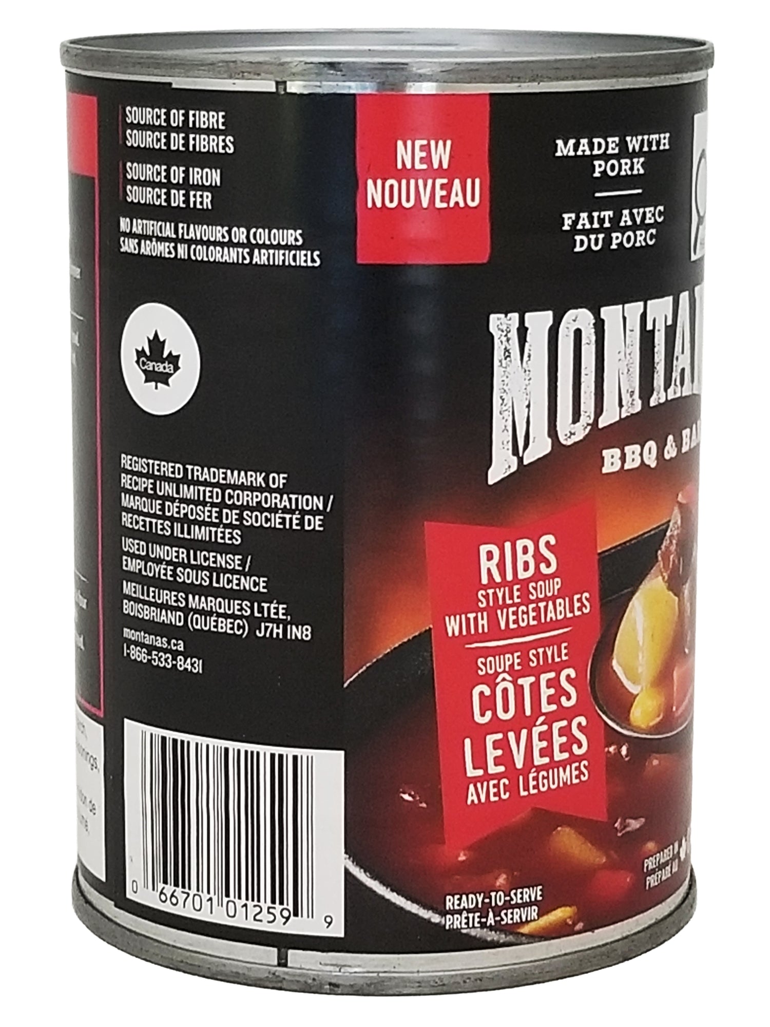 Can of Montana BBQ ribs style soup with vegetables on a white background