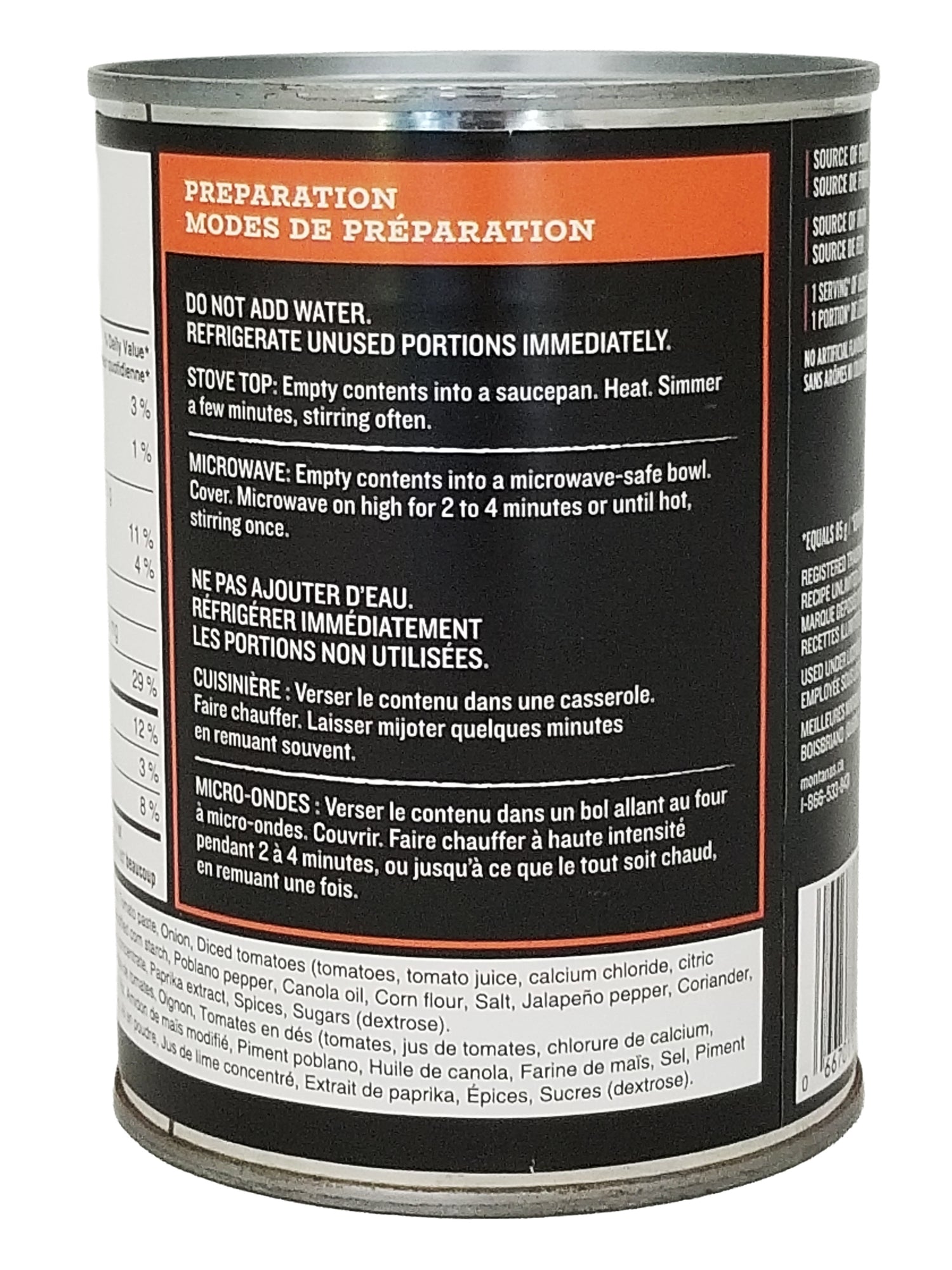 Back of a can of Montana's BBQ & BAR Lightly Spicy Tex Mex Style Soup 540ml with preparation instructions on a white background
