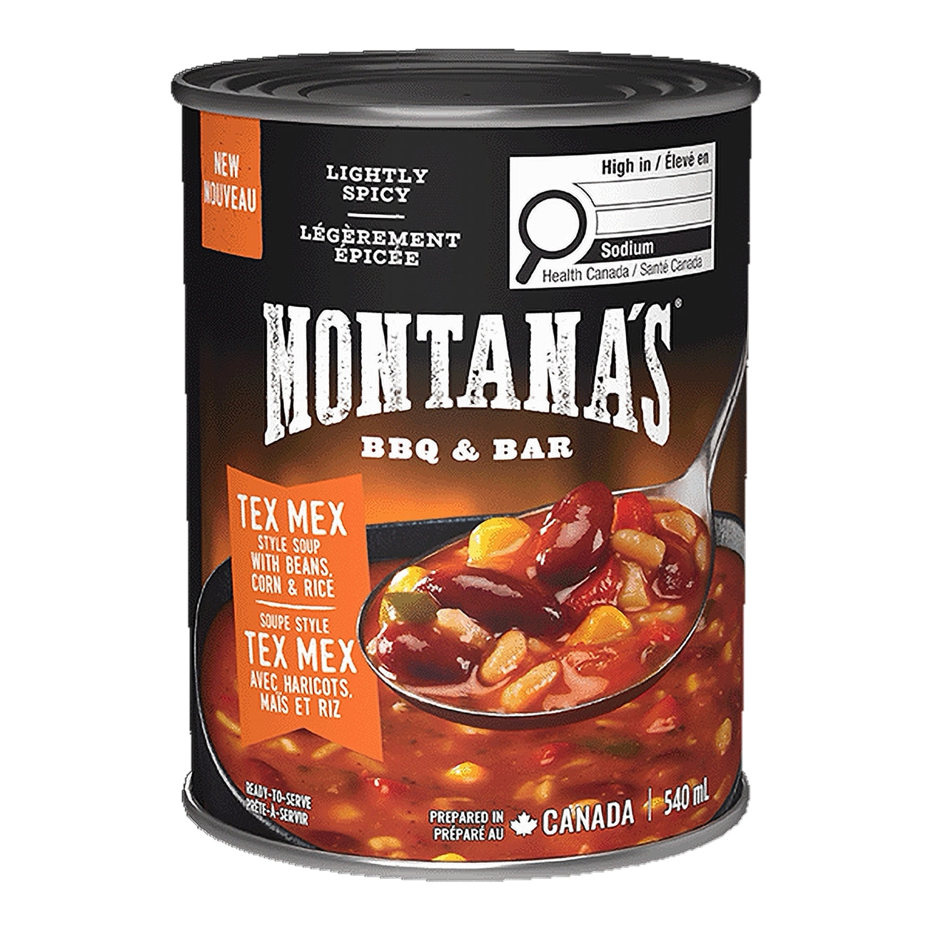 Can of Montana's Tex Mex style soup with beans, corn, and rice on a white background