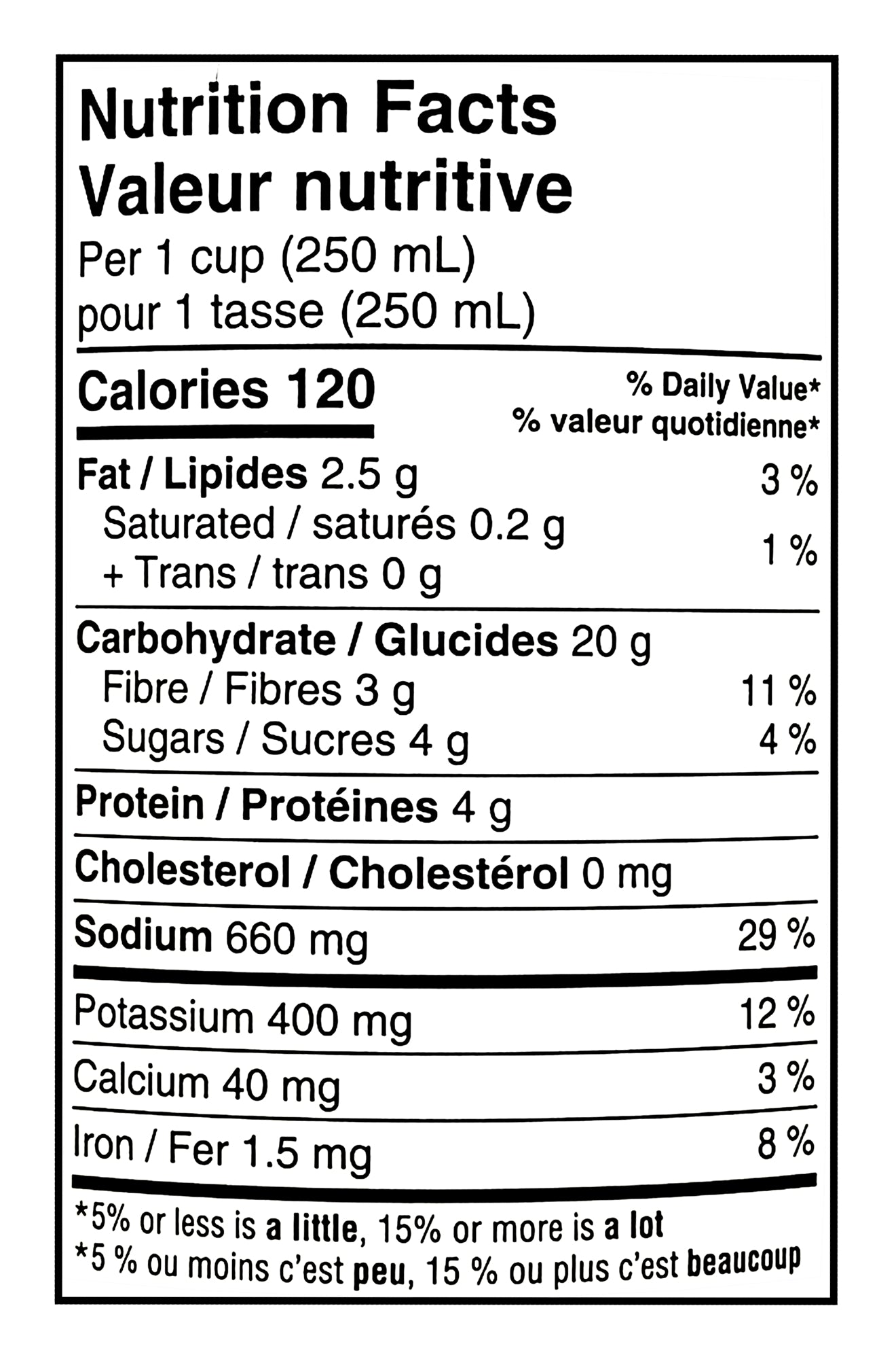 Nutrition facts label for Montana's BBQ & BAR Lightly Spicy Tex Mex Style Soup 540ml, per 1 cup (250 mL)