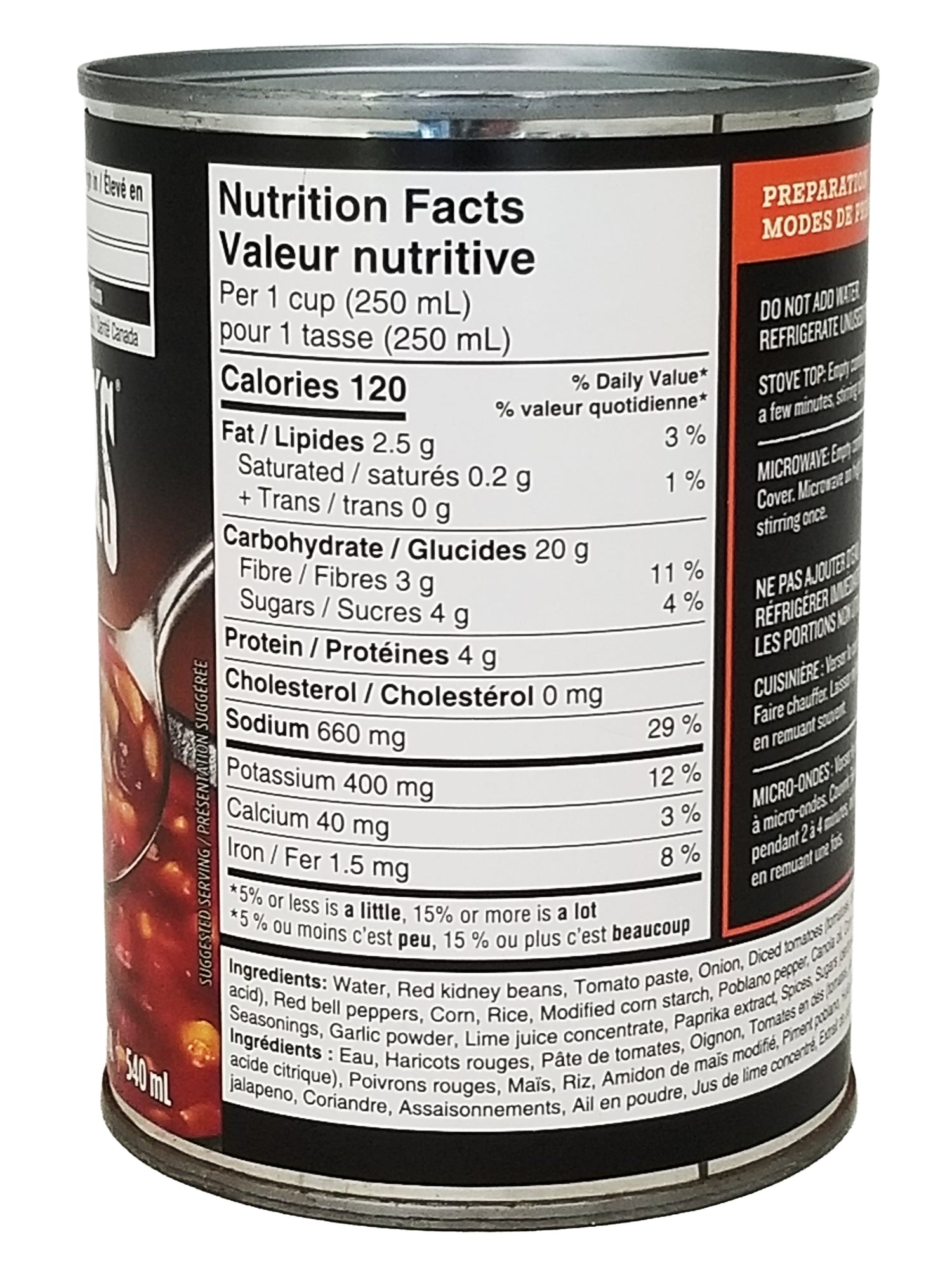 Nutrition facts label for Montana's BBQ & BAR Lightly Spicy Tex Mex Style Soup 540ml with a white background