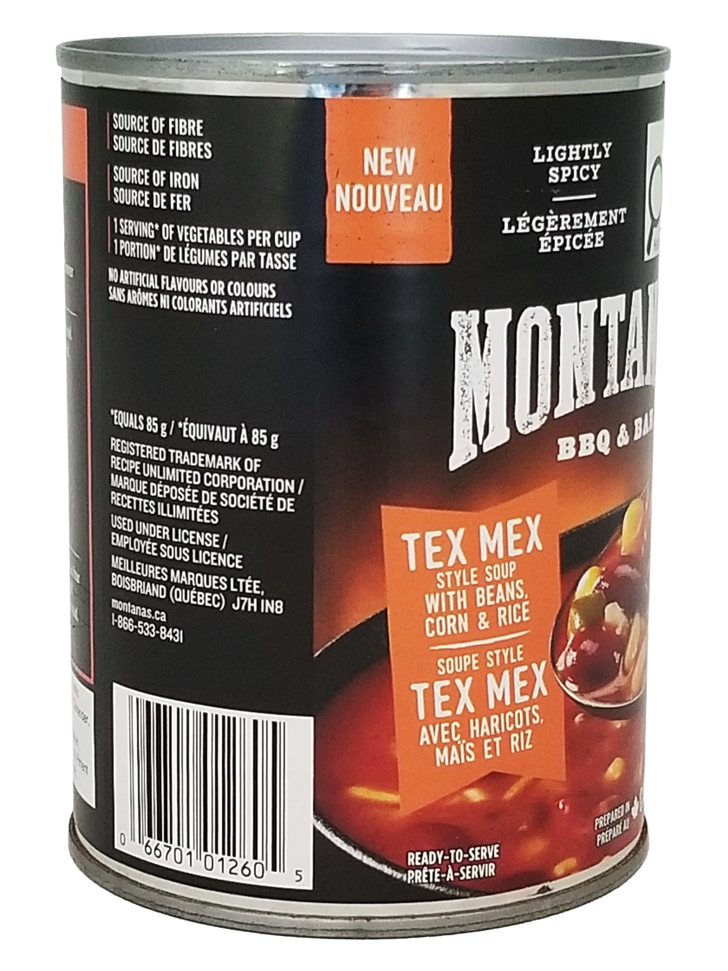 Can of Montano Tex Mex style soup with beans, corn, and rice on a white background